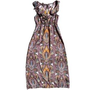Eci New York Women’s Size 4 Brown, Orange, Teal Paisley Ruffle V-Neck Maxi Dress